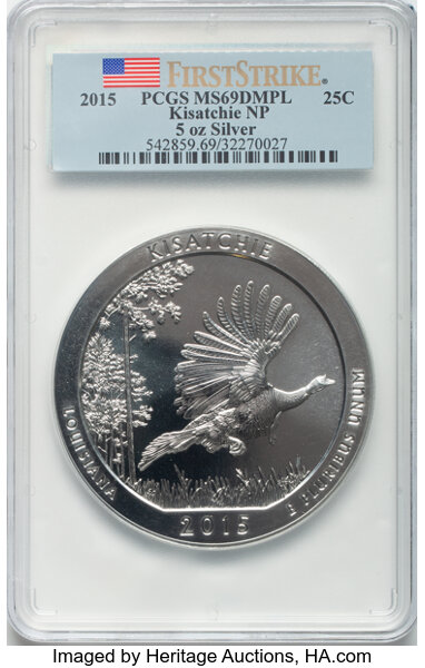image for: 2015 25C Kisatchie National Park Five-Ounce Silver, First Strike, MS69 Deep Mirror Prooflike PCGS....