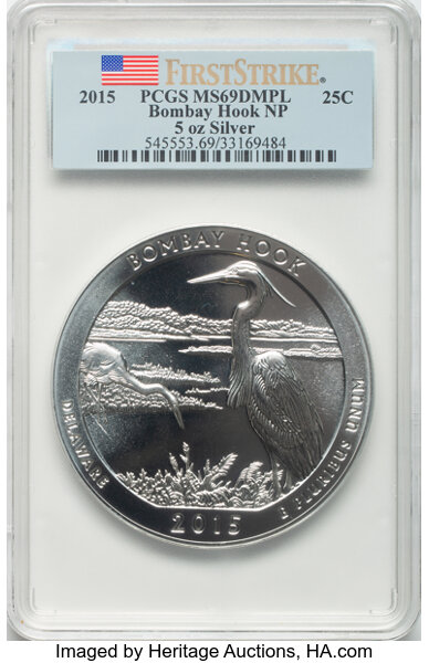 image for: 2015 25C Bombay Hook National Park Five Ounce Silver, First Strike MS69 Deep Mirror Prooflike PCGS.  ...