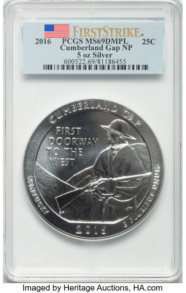 image for: 2016 25C Cumberland Gap National Park, Five-Ounce Silver, First Strike MS69 Deep Mirror Prooflike PCGS.  ...