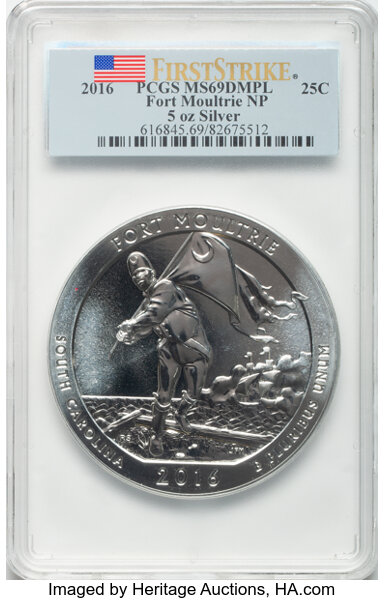 image for: 2016 25C Fort Moultrie National Park, Five-Ounce Silver, First Strike MS69 Deep Mirror Prooflike PCGS....