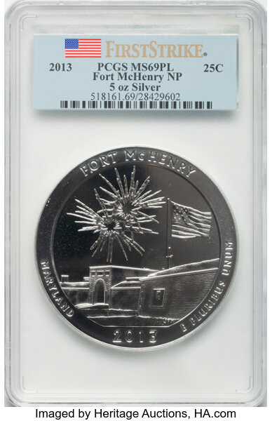 image for: 2013 25C Fort McHenry NP Five-Ounce Silver, First Strike MS69 Prooflike PCGS.  ...