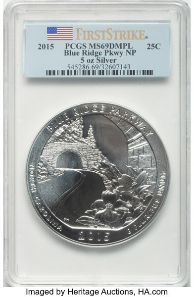 image for: 2015 25C Blue Ridge Pkwy NP, 5 oz Silver, First Strike MS69 Deep Mirror Prooflike PCGS.  ...