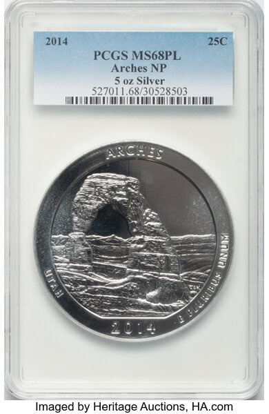 image for: 2014 25C Arches National Park 5 oz Silver MS68 Prooflike PCGS. PCGS Population: (2/4)....