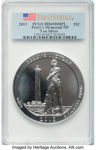 image for: 2013 25C Perry's Memorial NP Five-Ounce Silver, First Strike MS69 Deep Mirror Prooflike PCGS.  ...