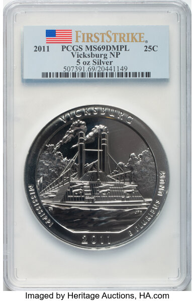 image for: 2011 25C Vicksburg National Park Five Ounce Silver, First Strike MS69 Deep Mirror Prooflike PCGS.  ...
