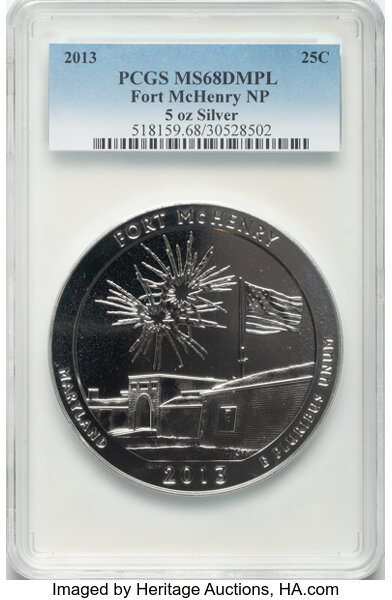 image for: 2013 25C Fort McHenry Five-Ounce Silver MS68 Deep Mirror Prooflike PCGS. PCGS Population: (5/136).  ...