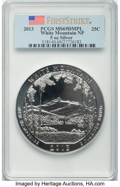 image for: 2013 25C White Mountain National Park Five-Ounce Silver, First Strike MS69 Deep Mirror Prooflike PCGS.  ...