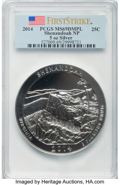 image for: 2014 25C Shenandoah NP, 5 oz Silver, First Strike MS69 Deep Mirror Prooflike PCGS.  ...