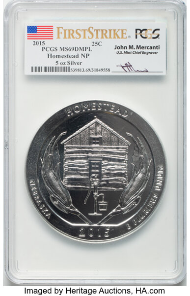 image for: 2015 25C Homestead NP, 5 oz Silver, First Strike, Mercanti Signature MS69 Deep Mirror Prooflike PCGS.  ...