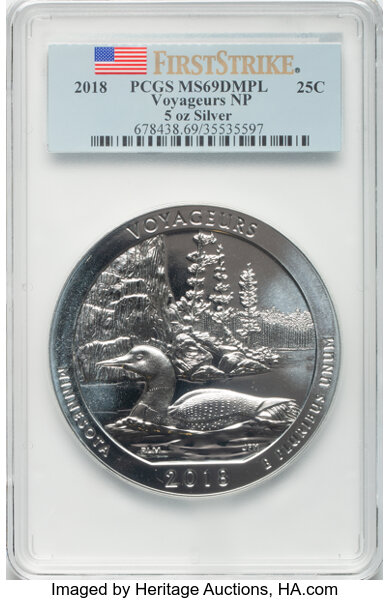 image for: 2018 25C Voyageurs National Park, Five-Ounce Silver, First Strike MS69 Deep Mirror Prooflike PCGS.  ...