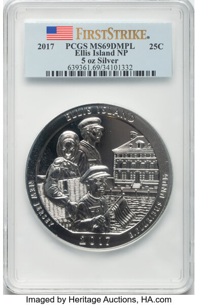 image for: 2017 25C Ellis Island National Park, Five-Ounce Silver, First Strike MS69 Deep Mirror Prooflike PCGS.  ...