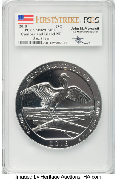 image for: 2018 25C Cumberland Island National Park, Five-Ounce Silver, First Strike, Mercanti Signature MS69 Deep Mirror Prooflike PCGS...