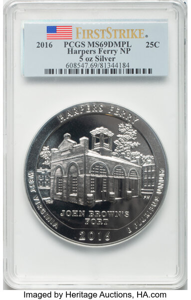 image for: 2016 25C Harpers Ferry National Park, Five-Ounce Silver, First Strike MS69 Deep Mirror Prooflike PCGS....