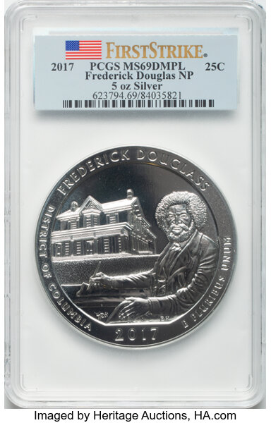 image for: 2017 25C Frederick Douglass National Park Five-Ounce Silver, First Strike, MS69 Deep Mirror Prooflike PCGS.  ...