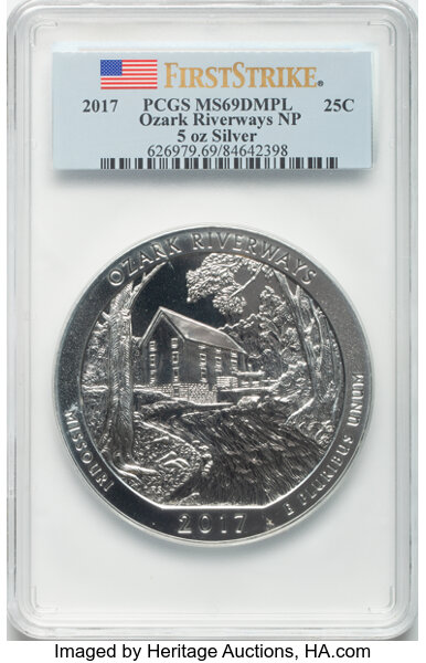 image for: 2017 25C Ozark Riverways National Park Five-Ounce Silver, First Strike MS69 Deep Mirror Prooflike PCGS.  ...