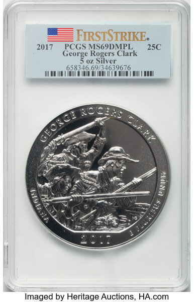 image for: 2017 25C George Rogers Clark National Park Five-Ounce Silver, First Strike MS69 Deep Mirror Prooflike PCGS.  ...