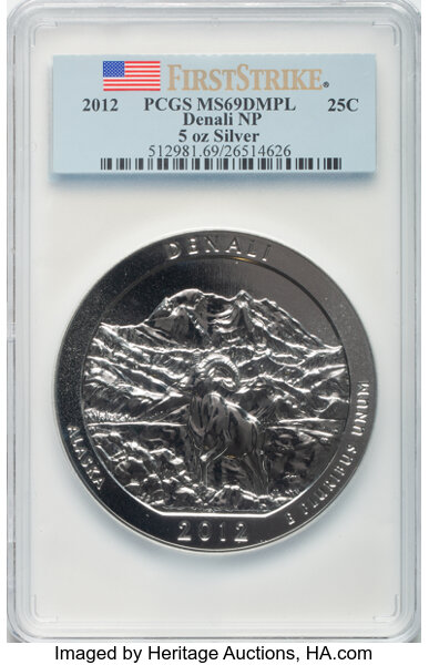 image for: 2012 25C Denali NP Five-Ounce Silver, First Strike MS69 Deep Mirror Prooflike PCGS.  ...
