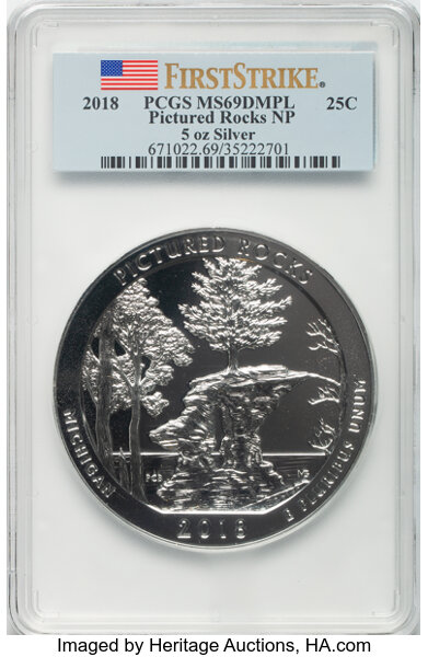 image for: 2018 25C Pictured Rocks National Park, Five-Ounce Silver, First Strike MS69 Deep Mirror Prooflike PCGS.  ...