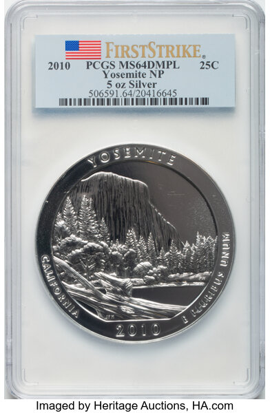 image for: 2010 25C Yosemite Five Ounce Silver, First Strike MS64 Deep Mirror Prooflike PCGS. PCGS Population: (14/3850).  ...