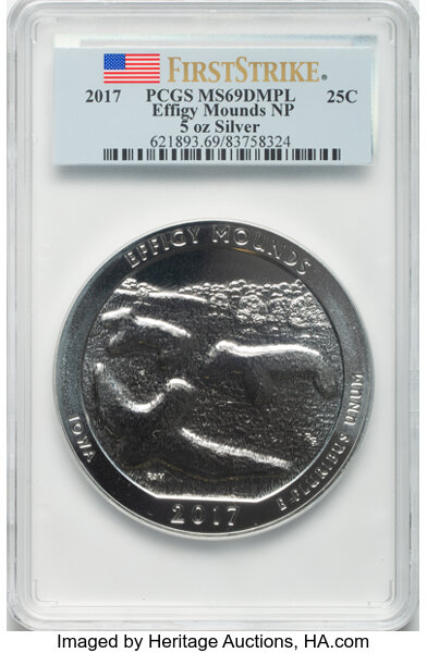 image for: 2017 25C Effigy Mounds National Park Quarter, Five-Ounce Silver, First Strike MS69 Deep Mirror Prooflike PCGS.  ...