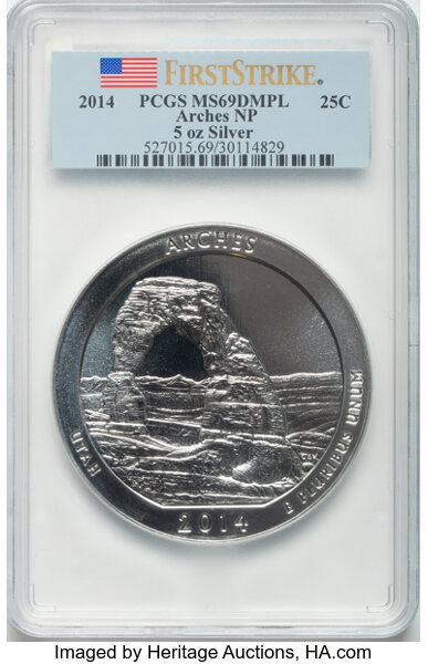 image for: 2014 25C Arches NP, 5 oz Silver, First Strike MS69 Deep Mirror Prooflike PCGS.  ...