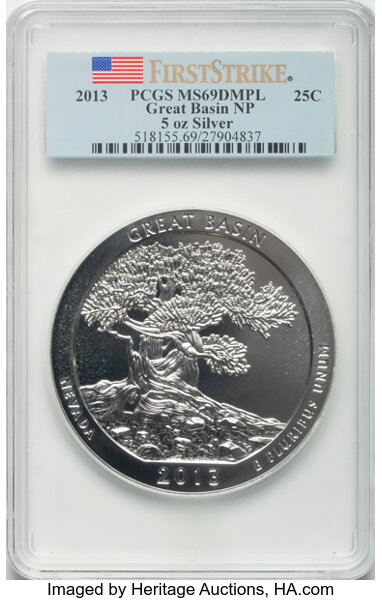 image for: 2013 25C Great Basin NP Five-Ounce Silver, First Strike MS69 Deep Mirror Prooflike PCGS.  ...