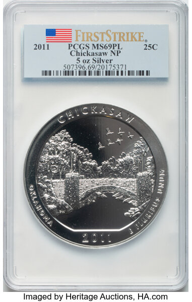 image for: 2011 25C Chickasaw NP Five Ounce Silver, First Strike MS69 Prooflike PCGS.  ...
