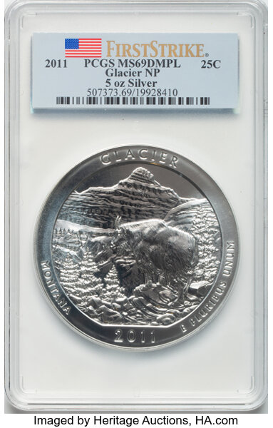 image for: 2011 25C Glacier National Park Five Ounce Silver, First Strike MS69 Deep Mirror Prooflike PCGS.  ...
