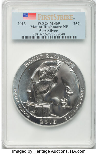 image for: 2013 25C Mount Rushmore NP Five-Ounce Silver Quarter, First Strike MS69 PCGS. PCGS Population: (100/0).  ...