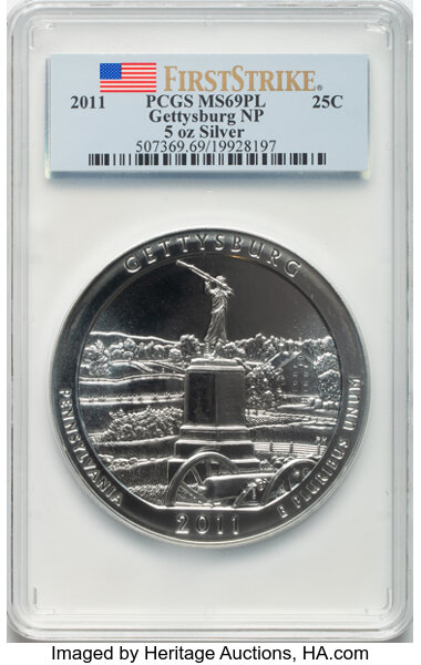 image for: 2011 25C Gettysburg National Park Five Ounce Silver, First Strike MS69 Prooflike PCGS.  ...