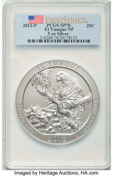 image for: 2012-P 25C El Yunque Five Ounce Silver, First Strike, SP70 PCGS....