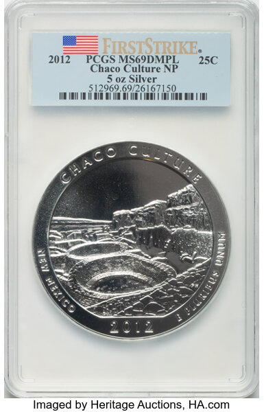 image for: 2012 25C Chaco Culture NP Five Ounce Silver, First Strike MS69 Deep Mirror Prooflike PCGS.  ...