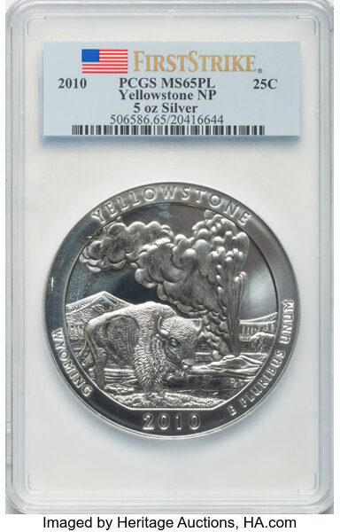 image for: 2010 25C Yellowstone Five Ounce Silver, First Strike MS65 Prooflike PCGS. PCGS Population: (13/2551).  ...