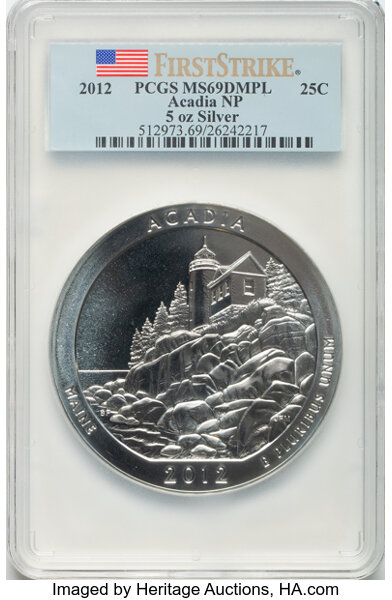 image for: 2012 25C Acadia NP Five-Ounce Silver, First Strike MS69 Deep Mirror Prooflike PCGS.  ...