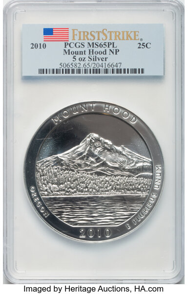 image for: 2010 25C Mount Hood Five Ounce Silver First Strike MS65 Prooflike PCGS. PCGS Population: (8/2232).  ...