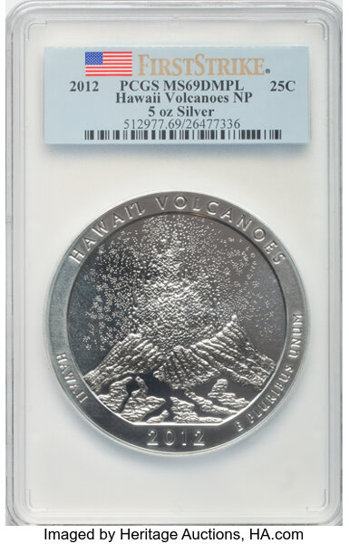 image for: 2012 25C Hawaii Volcanoes NP Five-Ounce Silver MS69 Deep Mirror Prooflike PCGS.  ...