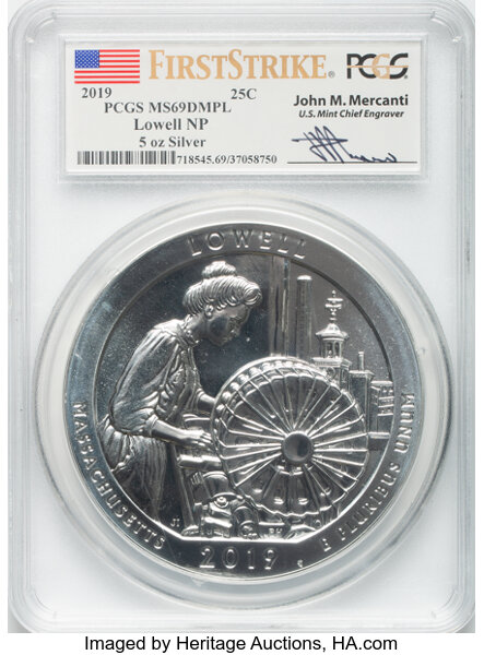 image for: 2019 25C Lowell National Park 5 oz Silver, First Strike Mercanti Signature MS69 Deep Mirror Prooflike PCGS. PCGS Population...