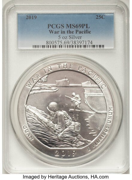 image for: 2019 25C War in the Pacific National Park Five-Ounce Silver MS69 Prooflike PCGS. PCGS Population: (3/0).  ...
