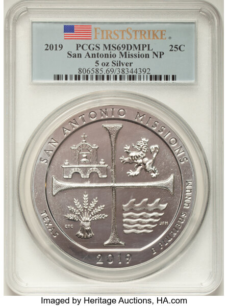 image for: 2019 25C San Antonio Mission National Park Five-Ounce Silver, First Strike, MS69 Deep Mirror Prooflike PCGS....
