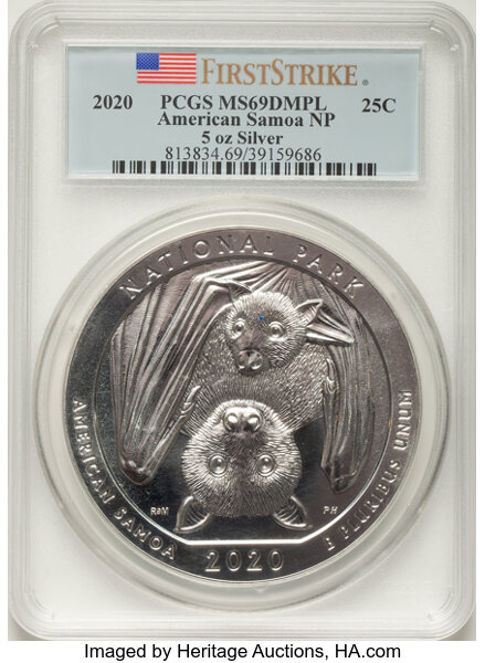 image for: 2020 25C American Samoa National Park Five-Ounce Silver, First Strike, MS69 Deep Mirror Prooflike PCGS....