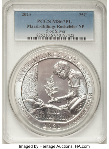 image for: 2020 25C Marsh-Billings Rockefeller National Park Five-Ounce Silver MS67 Prooflike PCGS. PCGS Population: (3/0)....