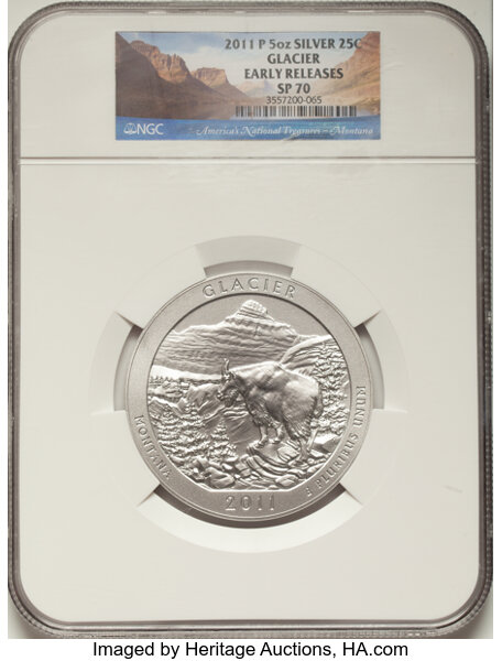 image for: 2011 25C Glacier National Park Five Ounce Silver, Early Releases SP70 NGC. NGC Census: (0)....