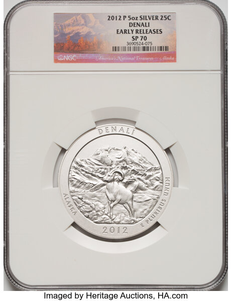 image for: 2012 25C Denali NP Five Ounce Silver, Early Releases SP70 NGC. NGC Census: (0)....
