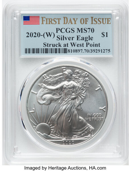 image for: 2020-(W) $1 Silver Eagle, Struck at West Point, First Day of Issue MS70 PCGS....