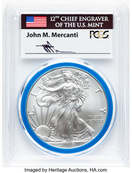 image for: 2018-W $1 Silver Eagle, Burnished, Mint Engraver Series, Struck at West Point, Mercanti Signature, First Day of Issue, SP70 P...