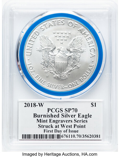 image for: 2018-W $1 Silver Eagle, Burnished, Mint Engraver Series, Struck at West Point, Mercanti Signature, First Day of Issue, SP70 P...