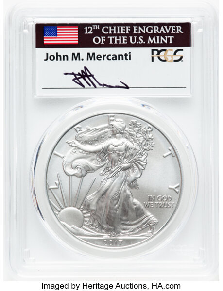 image for: 2017-W $1 Silver Eagle, Burnished,  First Strike, 1 of 500, Mercant Signature SP70 PCGS....
