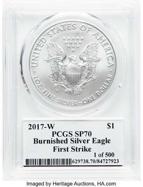 image for: 2017-W $1 Silver Eagle, Burnished,  First Strike, 1 of 500, Mercant Signature SP70 PCGS....