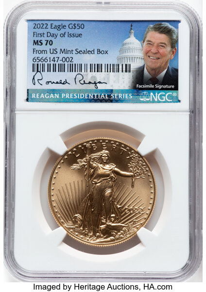 image for: 2022 $50 One-Ounce Gold Eagle, First Day of Issue, From US Mint Sealed Box, MS70 NGC.  Ex: Reagan Presidential Series. Facs...
