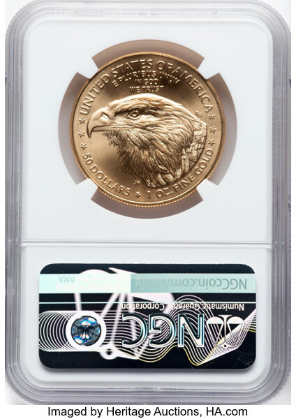 image for: 2022 $50 One-Ounce Gold Eagle, First Day of Issue, From US Mint Sealed Box, MS70 NGC.  Ex: Reagan Presidential Series. Facs...